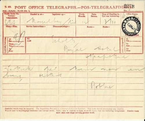 TELEGRAM DATED 1933! "CAPETOWN"
