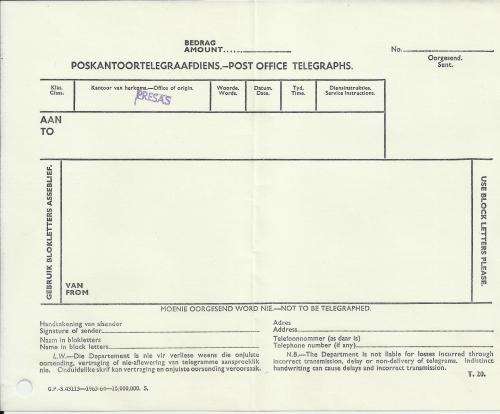 REP. OF SOUTH AFRICA - TELEGRAM FORM AS ILLUSTRATED.