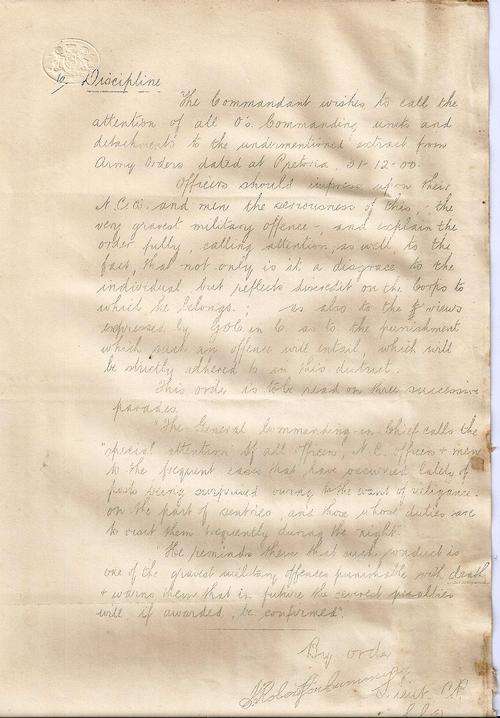 ANGLO BOER WAR - BRITISH MILITARY DOCUMENT CIRCA 1901
