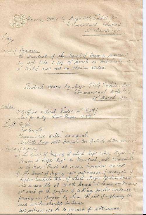 ANGLO BOER WAR - BRITISH MILITARY DOCUMENT CIRCA 1901