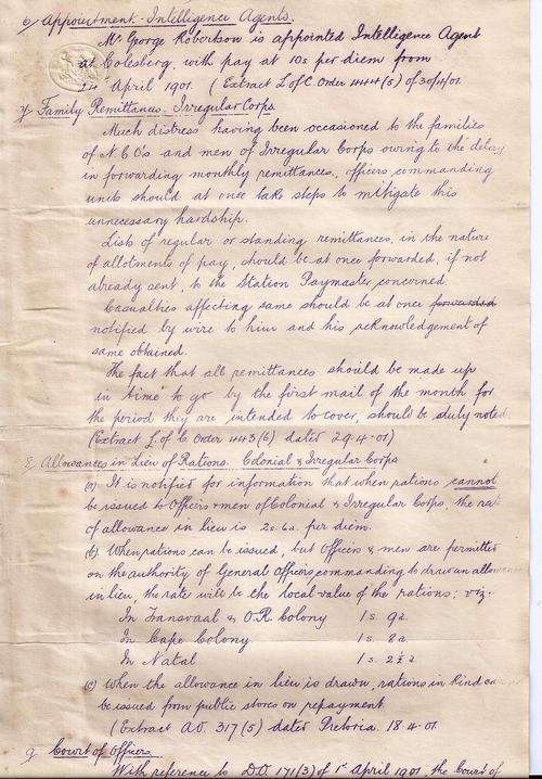 ANGLO BOER WAR - BRITISH MILITARY DOCUMENT CIRCA 1901