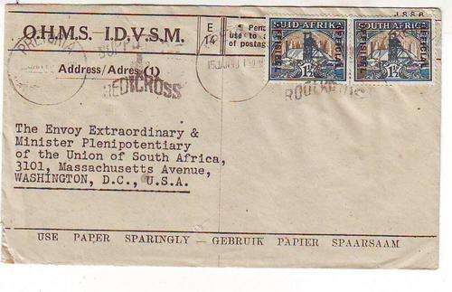 Official letter to USA 1943 with official 1 1/2 penny gold and green. Official pair SACC No 26