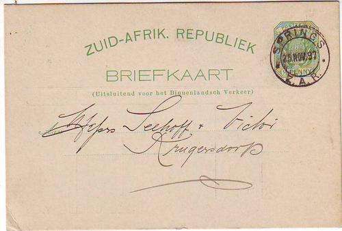 Post card from Springs to Krugersdorp 1897 Briefkaart