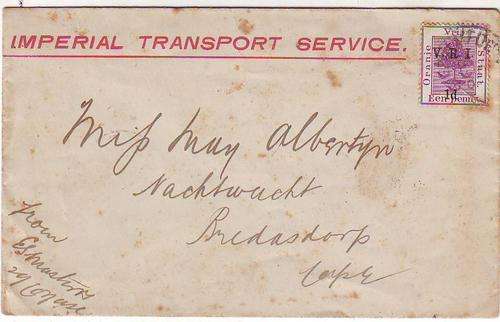 Orange River Colony VRI over print 1903 to Bradarsdorp via Caledon