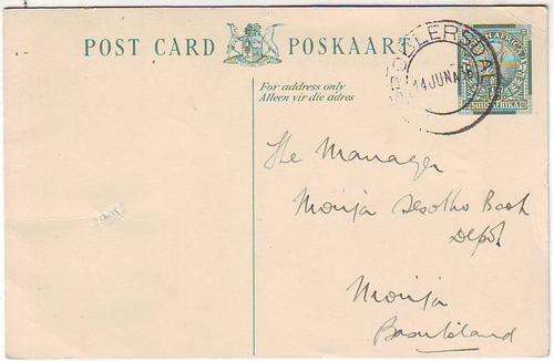SA Post card1938 to basutuland - pre printed green