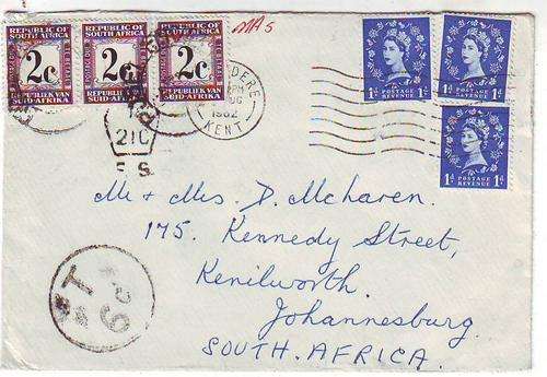 Postage due 3 X 2 cents England to SA