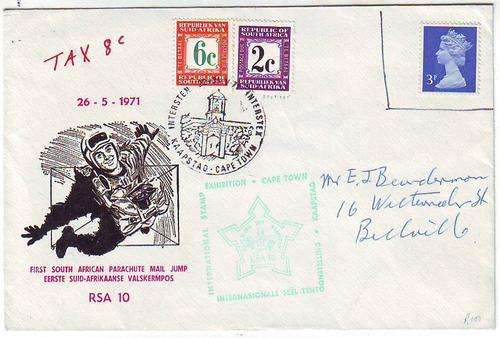 Postage due on philatalic cover first parachute mail commeration