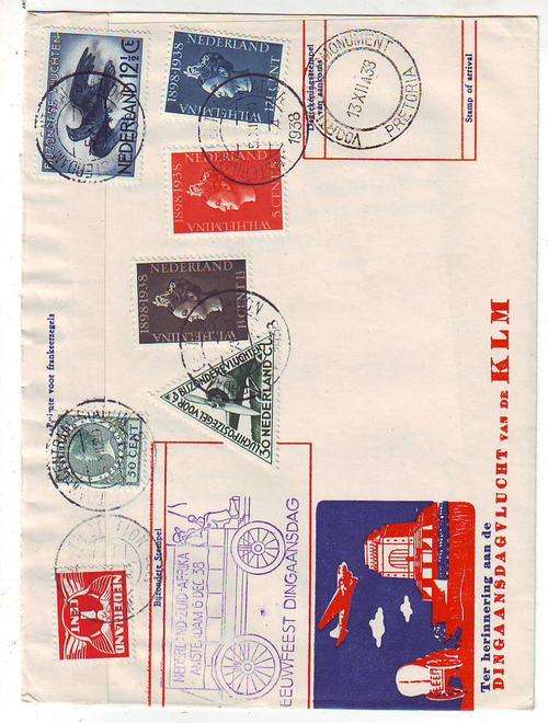Commemerative cover Dingaansdag 1938 flight cover Amsterdam to pretoria