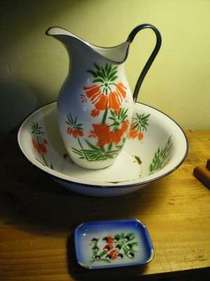 ENAMEL WASHSTAND SET - JUG, BASIN AND SOAP DISH