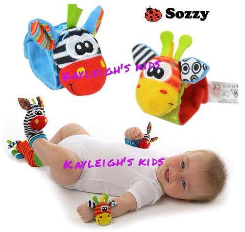 Bright wrist rattles (Sozzy like Lamaze) giraffe and zebra pair