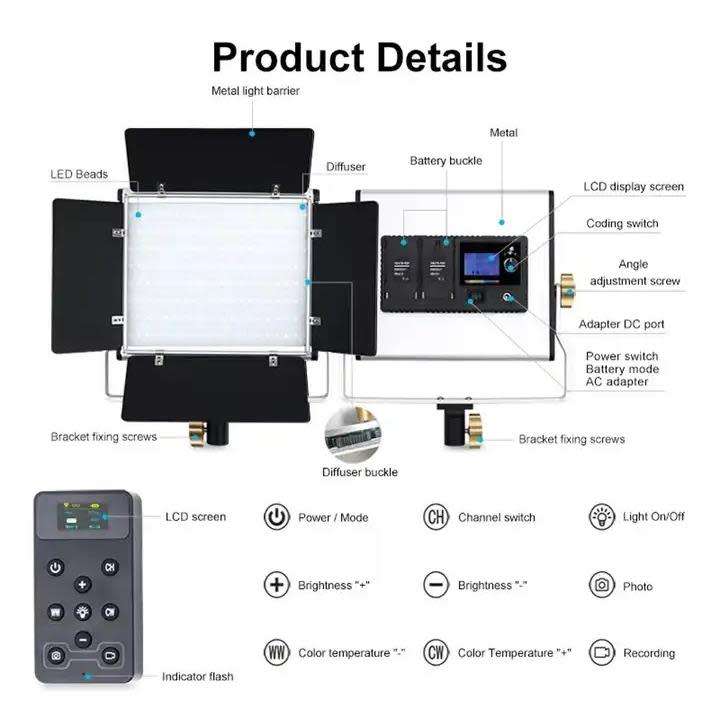 DW Professional LED Studio Camera Light With Stand And 2 Rechargeable Battery CRI95/2500K-9000K - W4