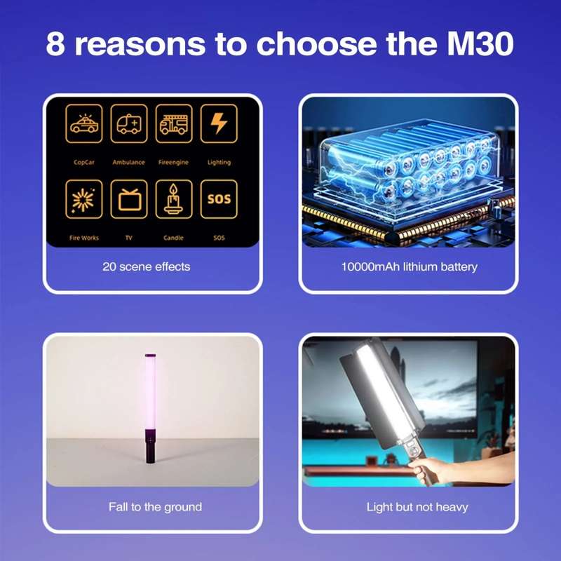 DW Handheld RGB LED Video Light Portable Fill Light Wand Stick Support 2700-8500K- 30W - M30