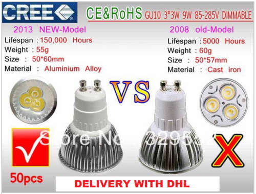 High power CREE GU10 3x3W 9W 85-265V Dimmable Light / pack of 50 LED  lamps