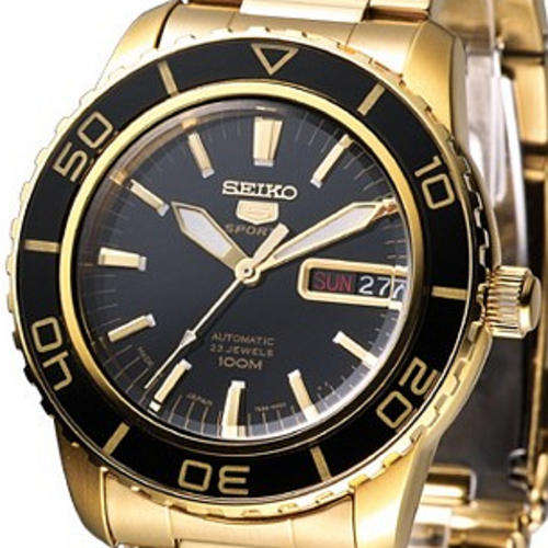 SEIKO 5 SPORTS Automatic 23 Jewels 100m Gold Plated Steel Case and Bracelet Black Dial Bezel