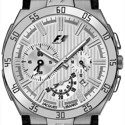 JACQUES LEMANS FORMULA 1 CHRONOGRAPH Quartz 100m Steel Silver Dial Date Chrono Leather Strap