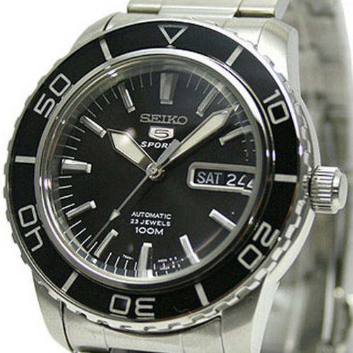 SEIKO 5 SPORTS Automatic 23 Jewels 100m Steel Black Dial Day/Date See-thru caseback Rotating Bezel