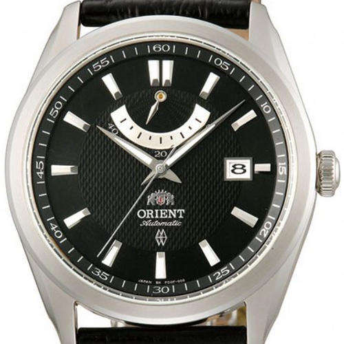 ORIENT AUTOMATIC POWER RESERVE 50m Steel Black Dial Date Sapphire Crystal Leather Strap