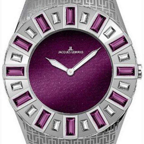 JACQUES LEMANS LADIES VEDETTE Quartz 30m Steel Purple Dial Swarovski Crystals set in the bezel