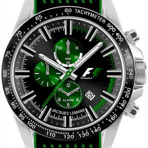 JACQUES LEMANS FORMULA 1 CHRONOGRAPH Quartz 100m Steel Black Dial Date Alarm Chrono Tachymeter