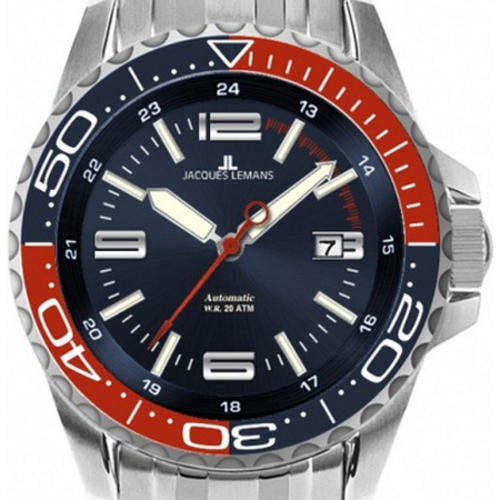 JACQUES LEMANS LIVERPOOL DIVERS Automatic 200m Blue Dial Date Red Seconds Hand Rotating Bezel