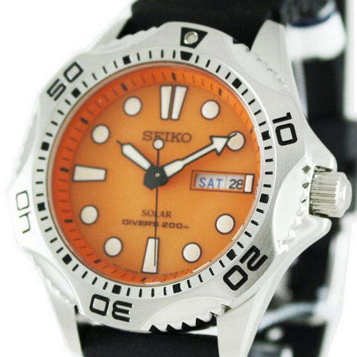 SEIKO SOLAR DIVERS 200m Steel Orange Dial Day/Date Rotating Bezel Polyurethane strap