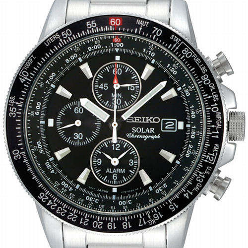 SEIKO SOLAR PILOTS FLIGHTMASTER CHRONOGRAPH 100m Quartz Steel Black Dial Aviation Slide Rule Bezel