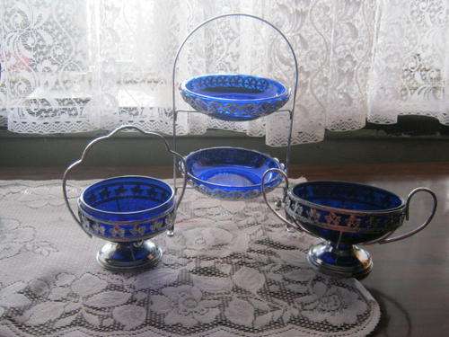 COBALT BLUE AND SILVER METAL SET.MADE IN ENGLAND.