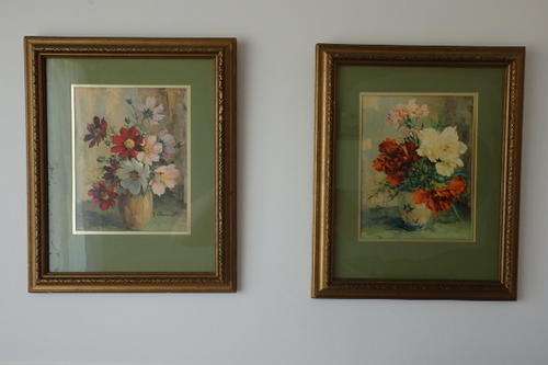 2 STUNNING "GEORGES DANSET" FLORAL STILL LIFE PRINTS FRAMED BEHIND GLASS WITH GREEN MOUNTS bid/print
