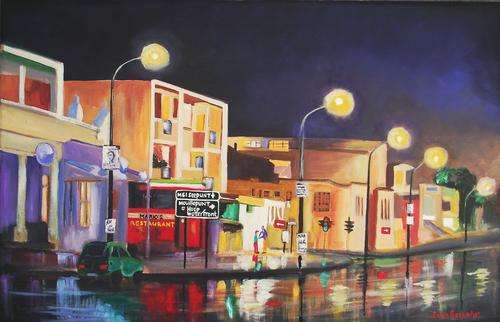 AN ORIGINAL LOUIS PRETORIUS:"Greenpoint nightscene" (800mm x 500mm x 15mm)