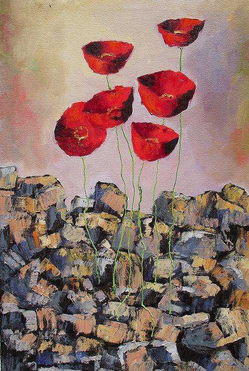 AN ORIGINAL LOUIS PRETORIUS:"POPPIES on the Rocks"(600mm x 400mm x 20mm )
