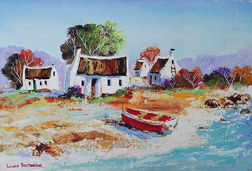 AN ORIGINAL LOUIS PRETORIUS:"COTTAGES WITH RED BOAT" (550mm x 370mm )