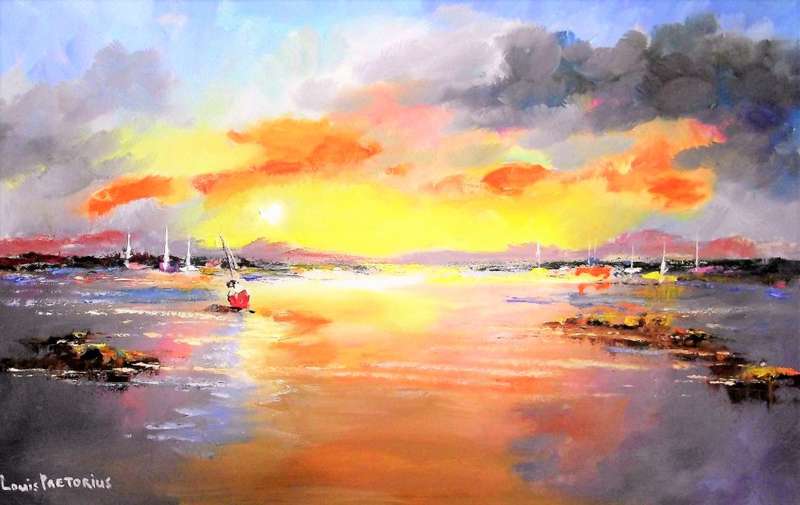 DAM SUNSET WITH BOATS (620mm x 390mm x 10mm)