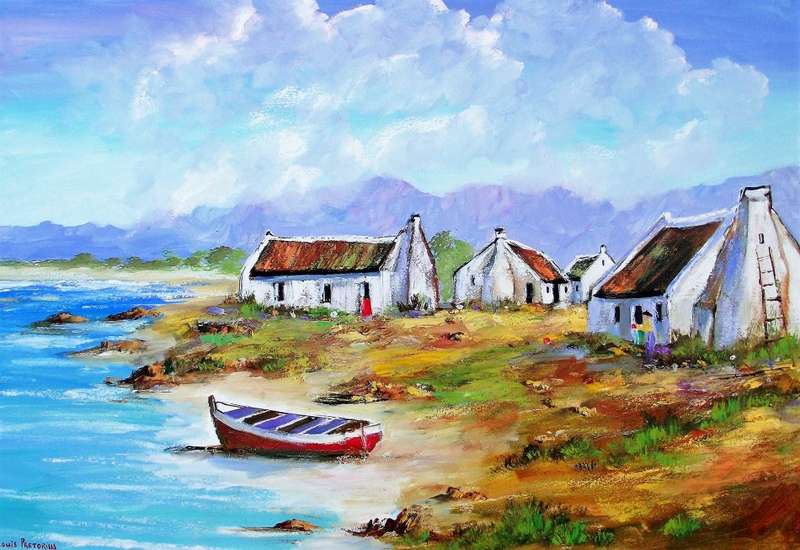 SEA COTTAGES NEAR THE WATERFRONT: OIL ON STRETCHED CANVAS: 1000mm x 700mm x30mm