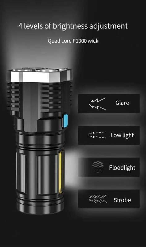 4-core LED Flashlight Strong Light USB Rechargeable 1200Ma Battery Super Bright