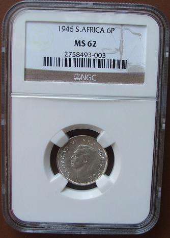 1946 South African 6 Pence NGC Graded MS62