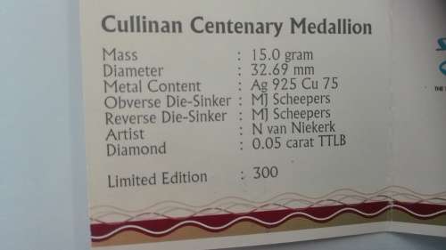2003 CULLINAN DIAMOND silver medallion with diamond inserted