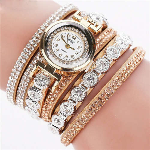 Rhinestone Bracelet Women Quartz Watch - Khaki