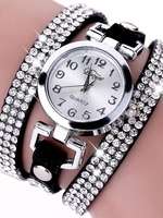 Rhinestone Leather Round Bracelet Wristwatch