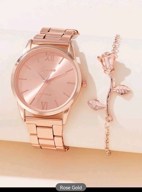 1pc Round Pointer Quartz Watch & 1pc Rose Decor Bracelet