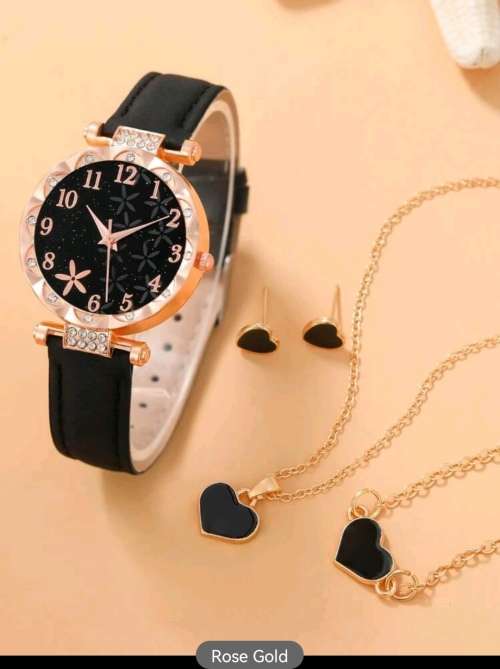 1pc Women Black PU Polyurethane Strap Glamorous Rhinestone Decor Round Dial Quartz Watch & 4pcs Hear