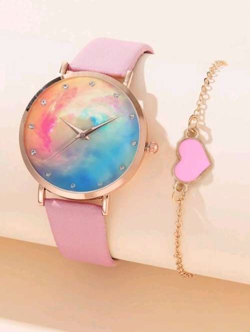 1pc Round Pointer Quartz Watch & 1pc Bracelet