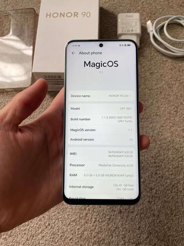 Honor 90 Lite 5G 256gb 13 gb ram dual sim WITH GOOGLE. Excellent condition with box and original cha