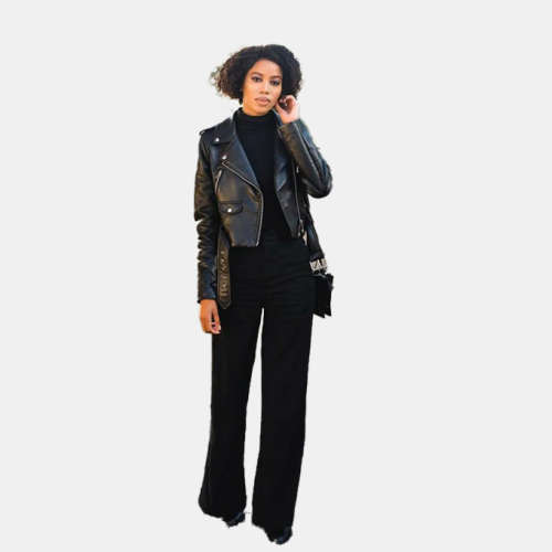 Women Faux Leather Biker Jacket Black - S