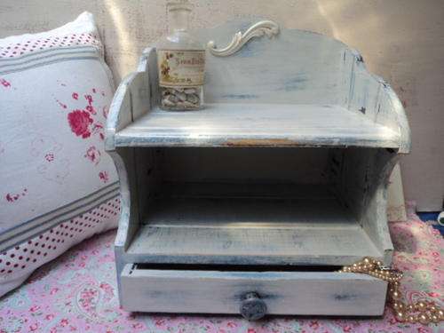 VINTAGE SHAKER STYLE WOOD DESK ORGANISER, APOTHECARY, WALL SHELF, COTTAGE WHITE & BLUE