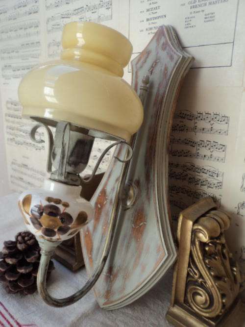 VINTAGE - UPCYCLED - WOOD - CERAMIC - GLASS - BRASS WALL LIGHT - ANTIQUE LINEN COLOR - FABU