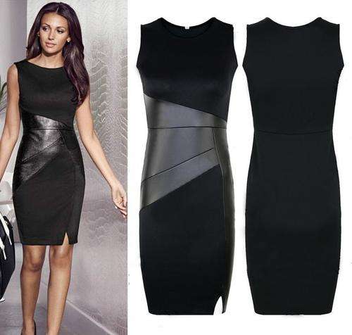 2015 NEW YOU LOOK!!! GORGEOUS BLACK AND PLEATHER BODYCON DRESS