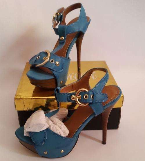 TEAL BLUE T BAR LEATHER WTH GOLD STUD AND BUCKLE SEXY HEELS