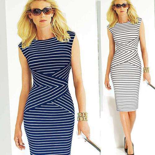 QUALITY NAVY WITH WHITE STRIPE SMART OFFICE DAY EVENING PARTY DRESS
