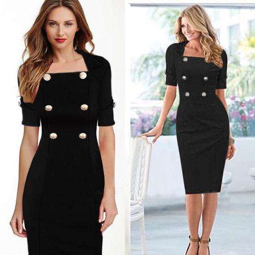 QUALITY BLACK WITH GOLD BUTTON DETAIL SMART CORPORATE DAY EVENING DRESS