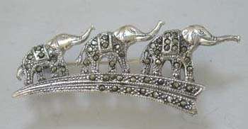 Sterling Silver and Marcasite 3 Elephants Brooch